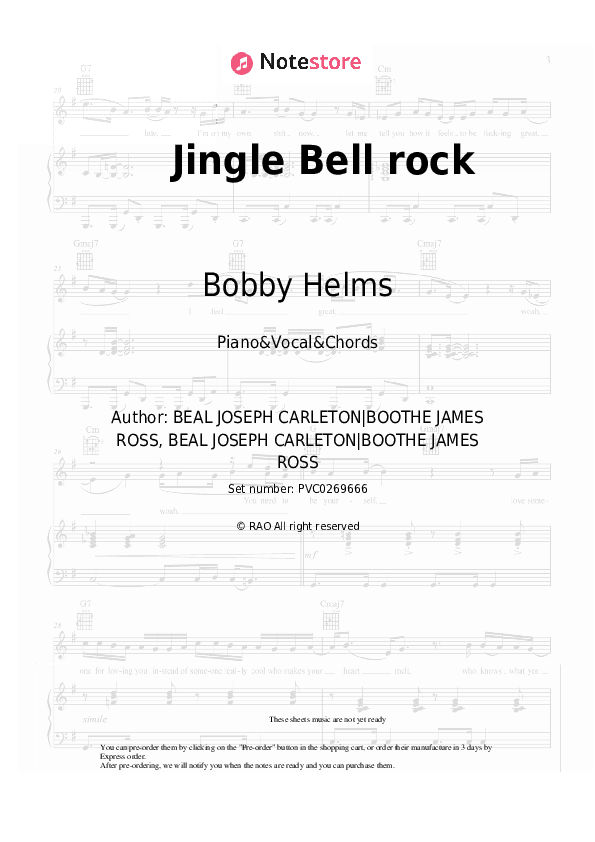 Jingle Bell rock - Bobby Helms, Christmas carol Piano Sheet Music with the Vocal and Chords - Piano&Vocal&Chords
