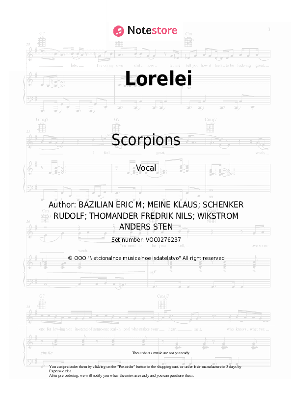Lorelei - Scorpions Vocal Sheet Music - Vocal