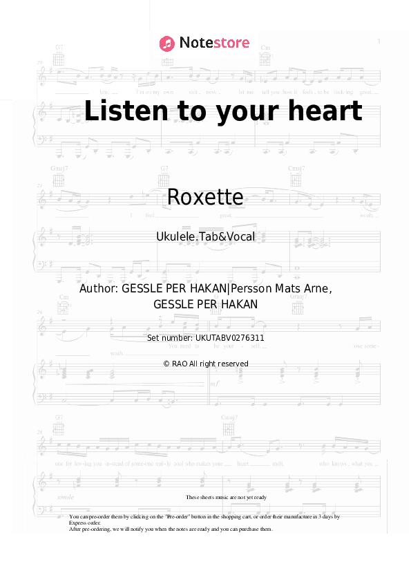 Listen to your heart - Roxette Sheet Music - Ukulele.Tab&Vocal
