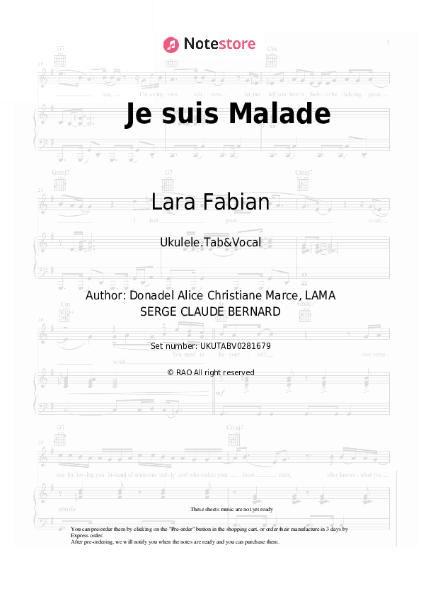Je suis Malade - Lara Fabian Sheet Music - Ukulele.Tab&Vocal