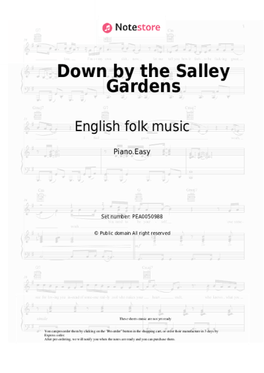 Sheet music, chords English folk music - Down by the Salley Gardens