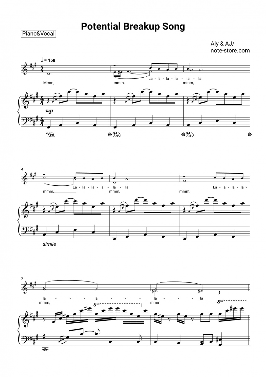 Aly & AJ - Potential Breakup Song piano sheet music
