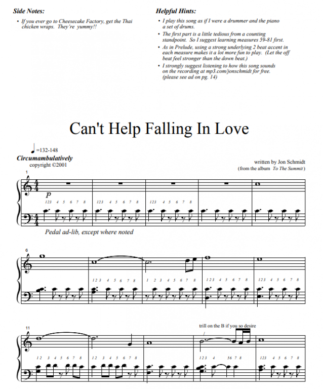 Sheet music Jon Schmidt - Can't Help Falling in Love - Piano.Solo