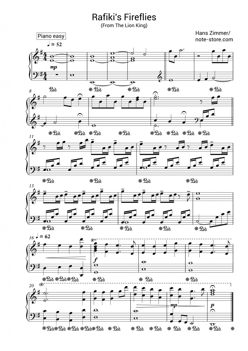Hans Zimmer - Rafiki's Fireflies (From The Lion King) sheet music for ...
