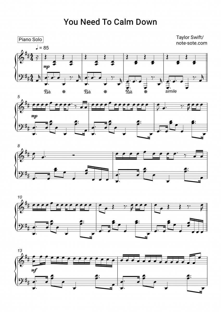 Taylor Swift You Need To Calm Down Sheet Music For Piano Pdf Pianosolo