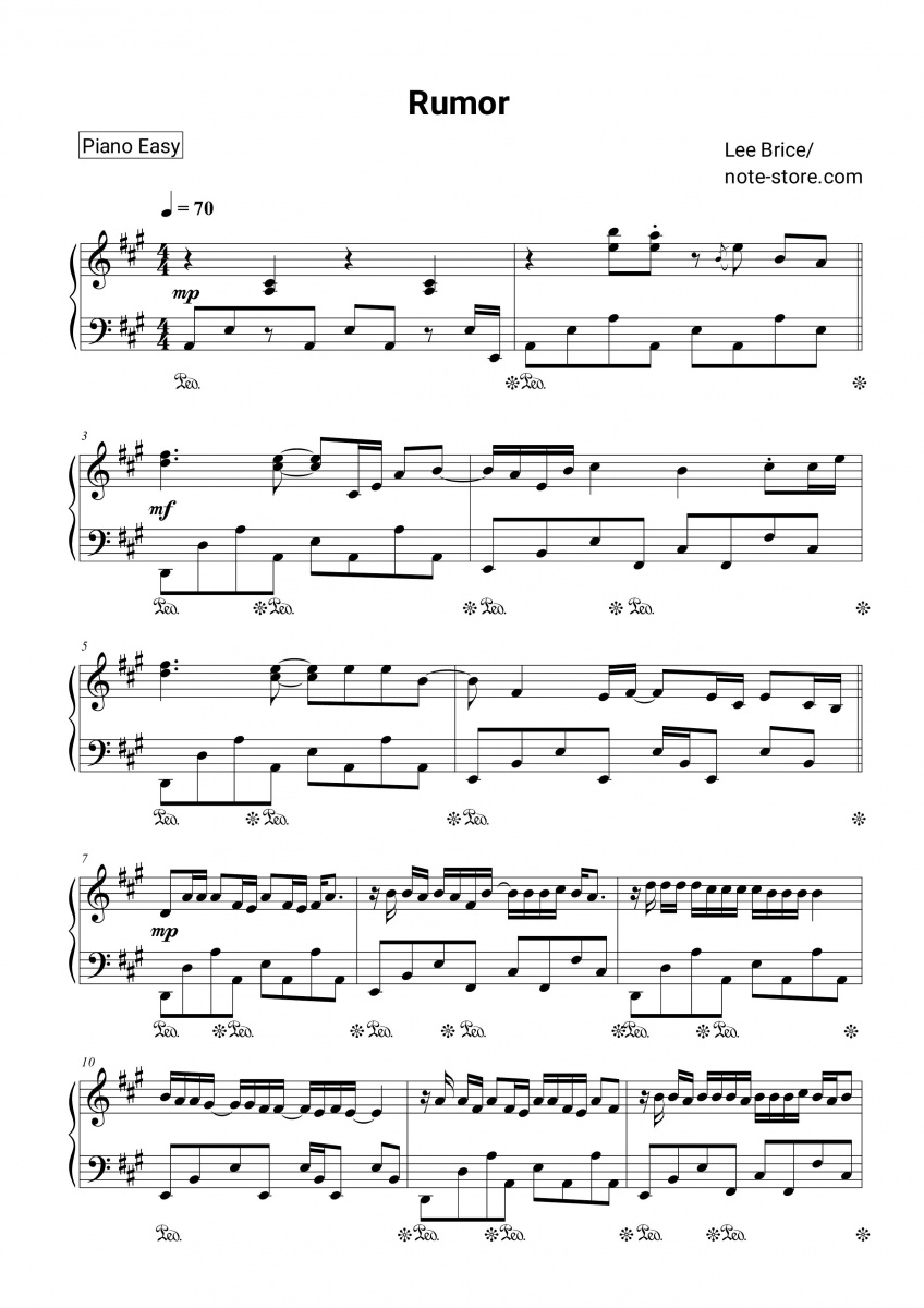 Lee Brice - Rumor sheet music for piano download  SKU  PEA0012792 at