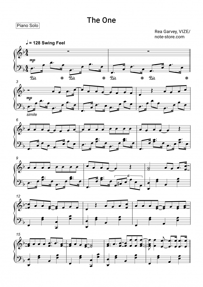 Rea Garvey, VIZE - The One piano sheet music