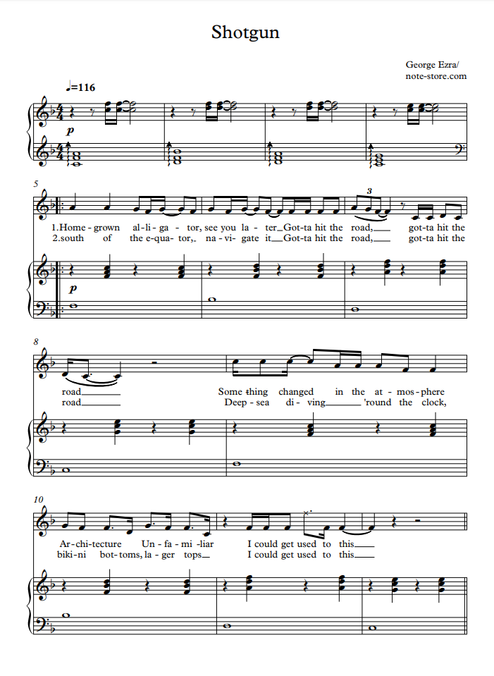 Shotgun - George Ezra - Easy Piano Sheet music for Piano (Solo