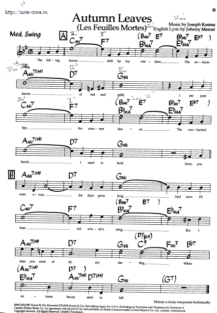 Frank Sinatra Autumn Leaves Sheet Music For Piano Download Guitar Accord Sku Gac At Note Store Com