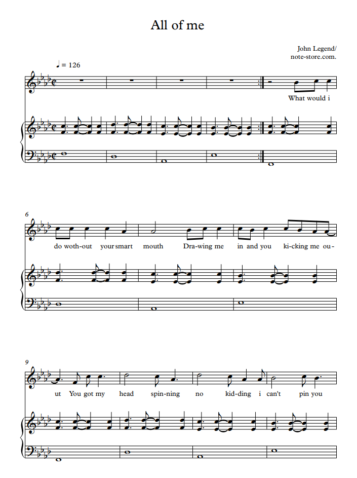 John Legend - All of Me sheet music for piano with letters download