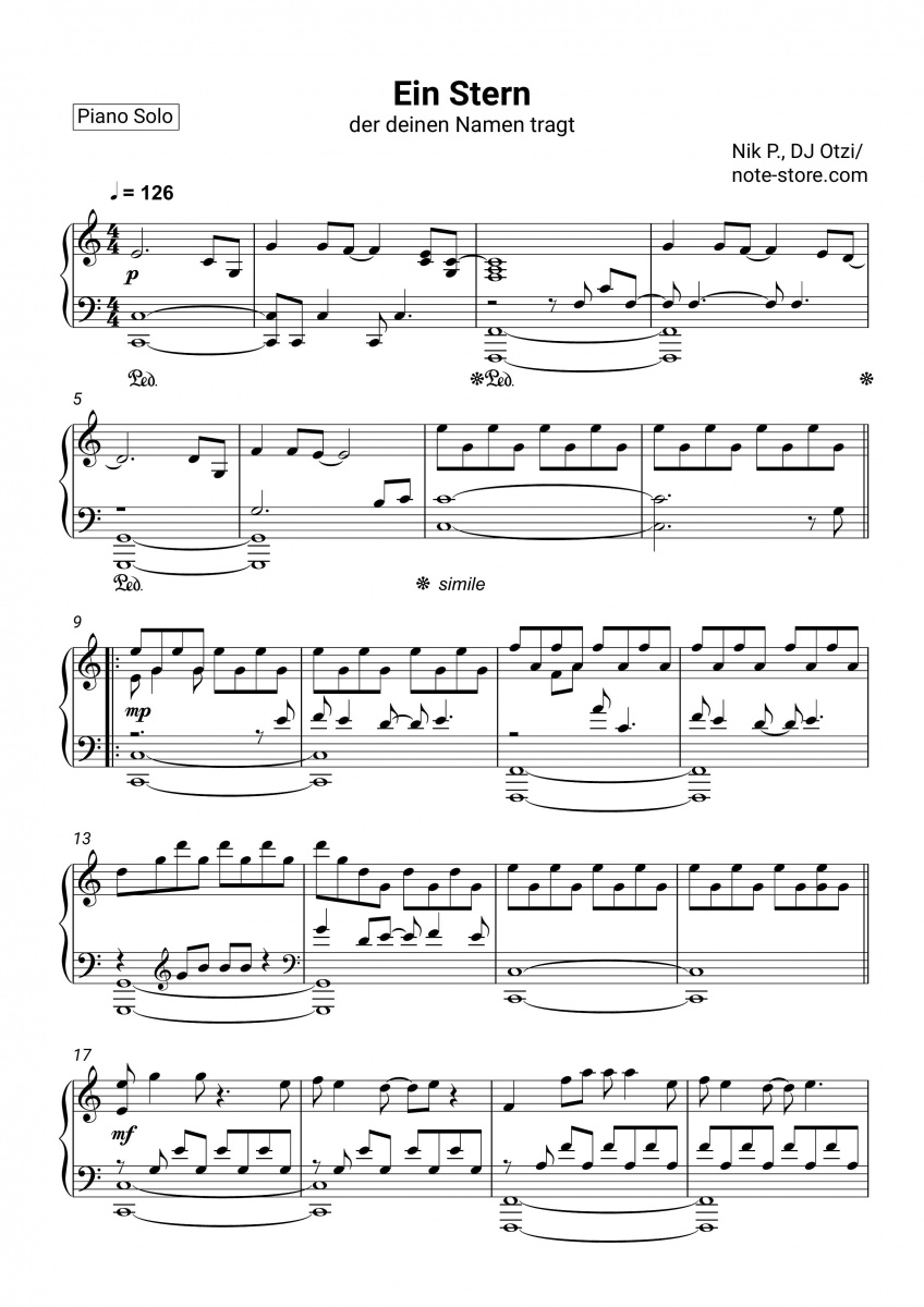 Nik P Dj Otzi Ein Stern Der Deinen Namen Tragt Sheet Music For Piano Download Piano Solo Sku Pso0032818 At Note Store Com