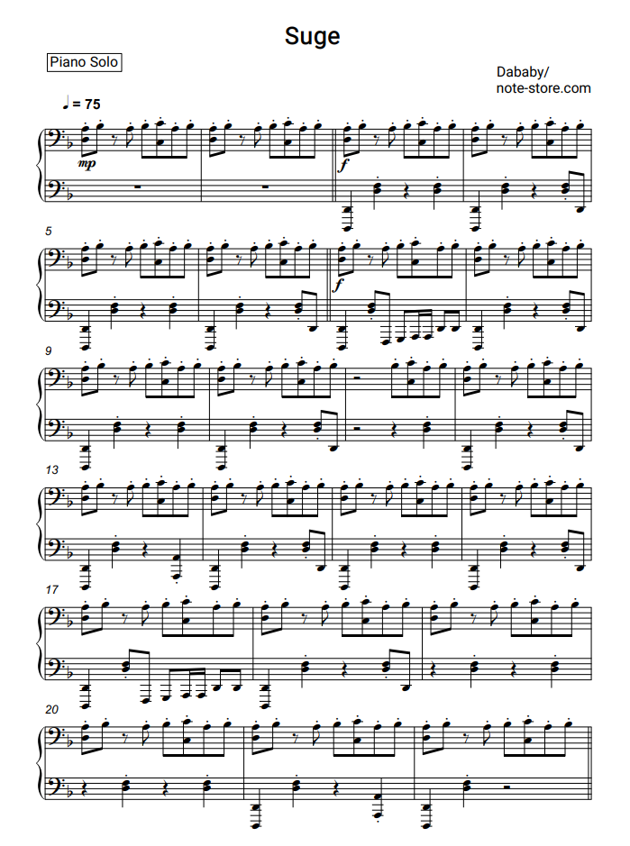 Dababy Suge Sheet Music For Piano Download Piano Solo Sku Pso0011156 At Note Store Com