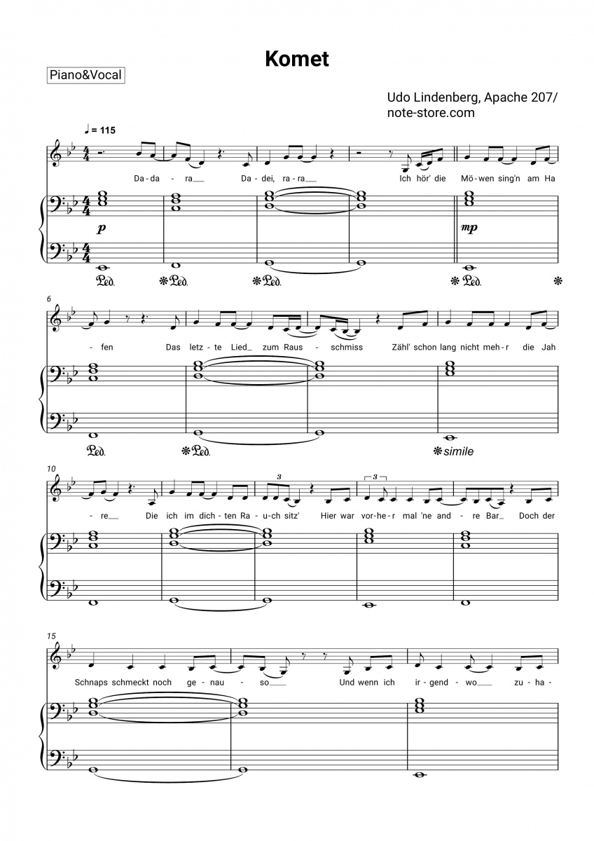 Udo Lindenberg, Apache 207 - Komet sheet music for piano with