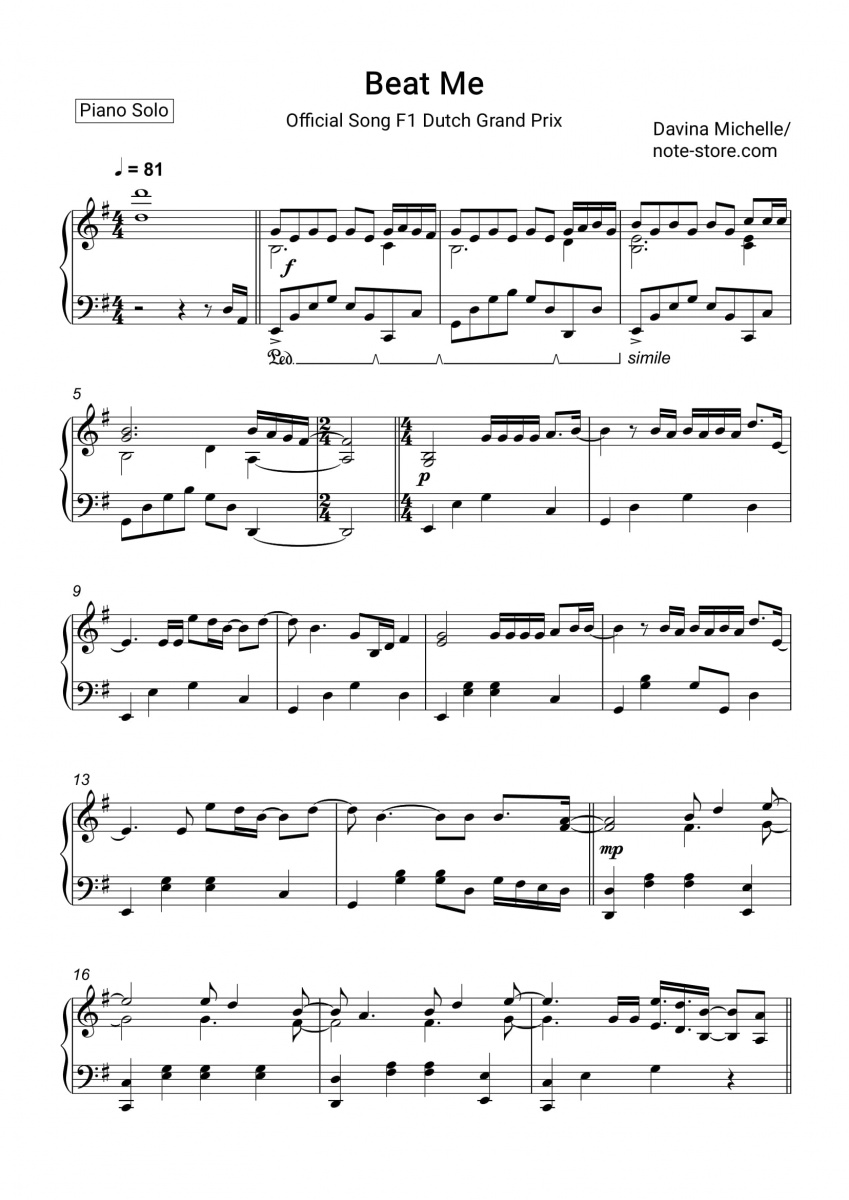 Davina Michelle - Beat Me sheet music piano download | Piano.Solo SKU PSO0036884 at