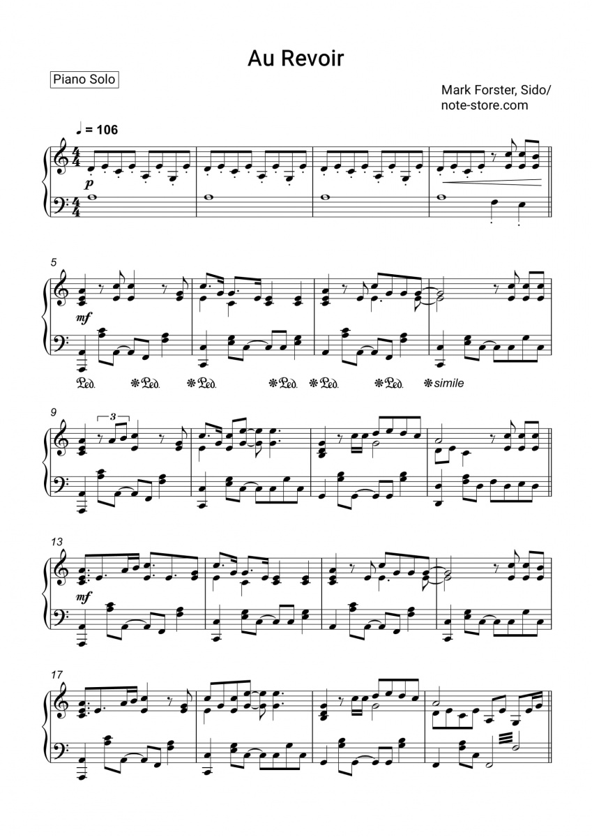 Mark Forster, Sido - Au Revoir piano sheet music