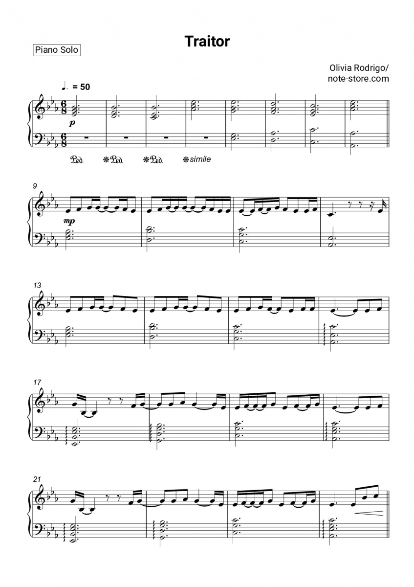 Olivia Rodrigo - traitor piano sheet music