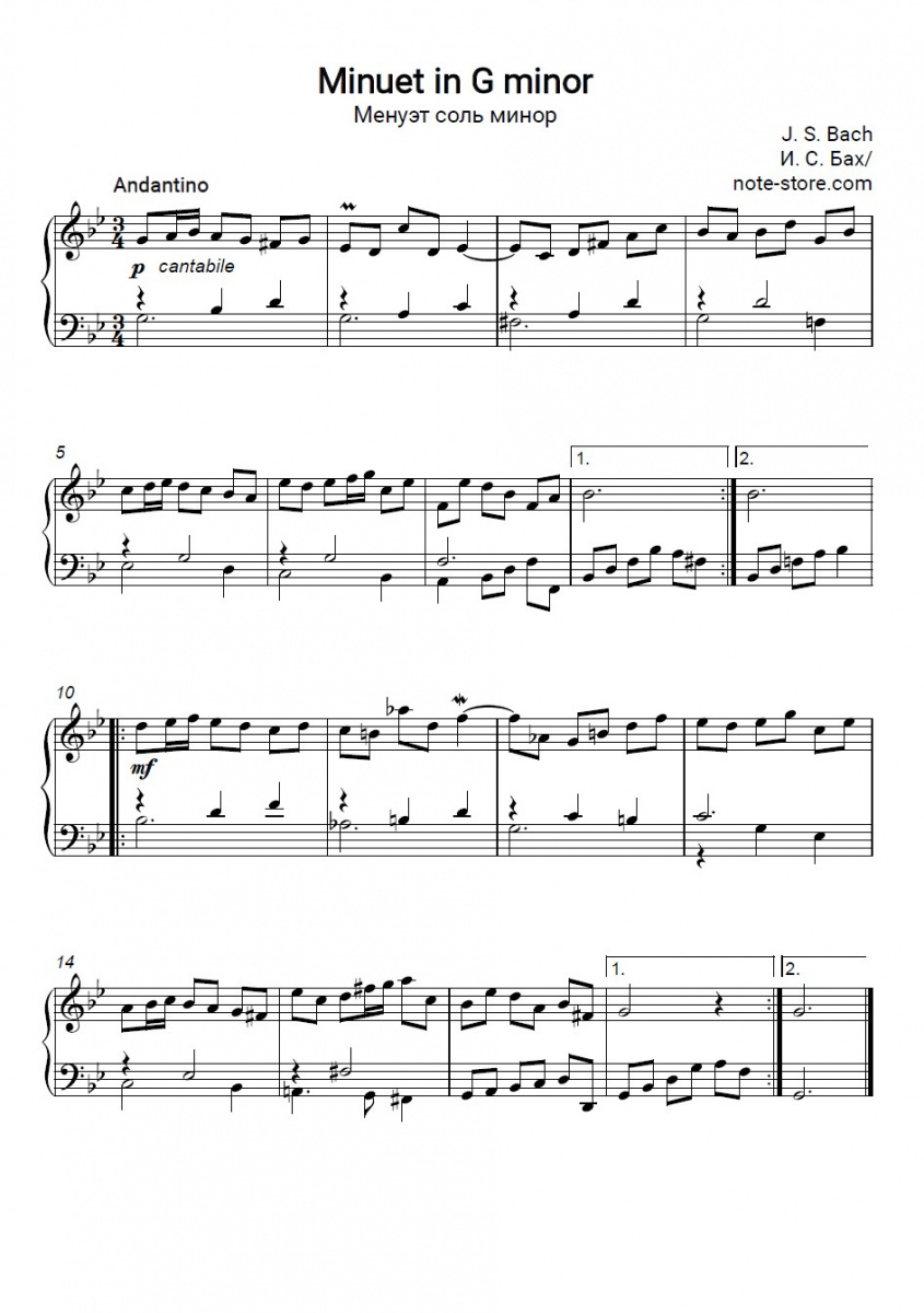 terminado Seguro dolor de muelas Johann Sebastian Bach - Minuet in G minor (Andantino) sheet music for piano  download | Piano.Solo SKU PSO0040473 at