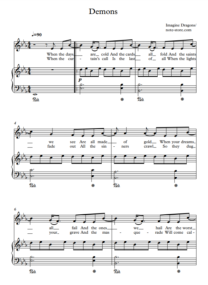 Imagine Dragons - Demons sheet music for piano with letters download