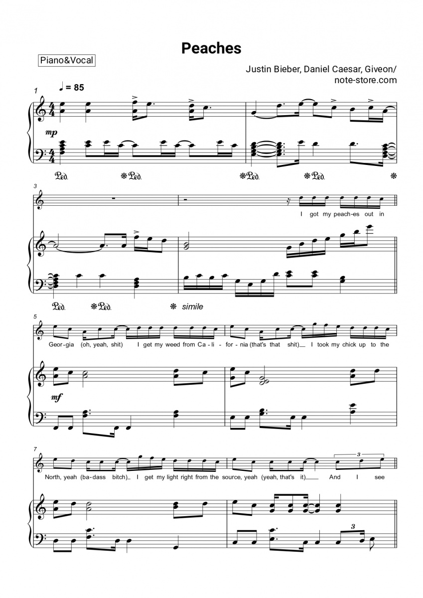 Justin Bieber ft. Daniel Caesar & Giveon Peaches Sheet Music in