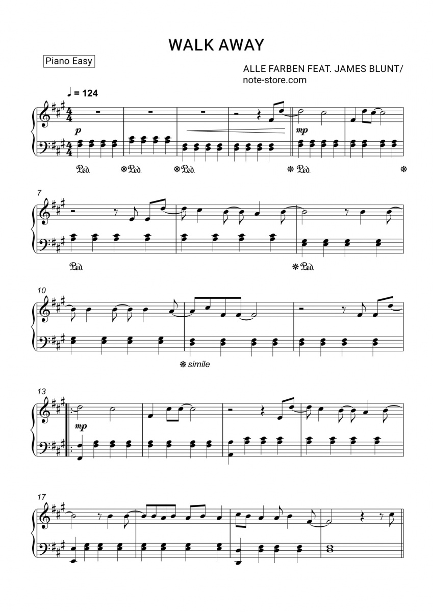 Alle Farben, James Blunt - Walk Away sheet music for piano download