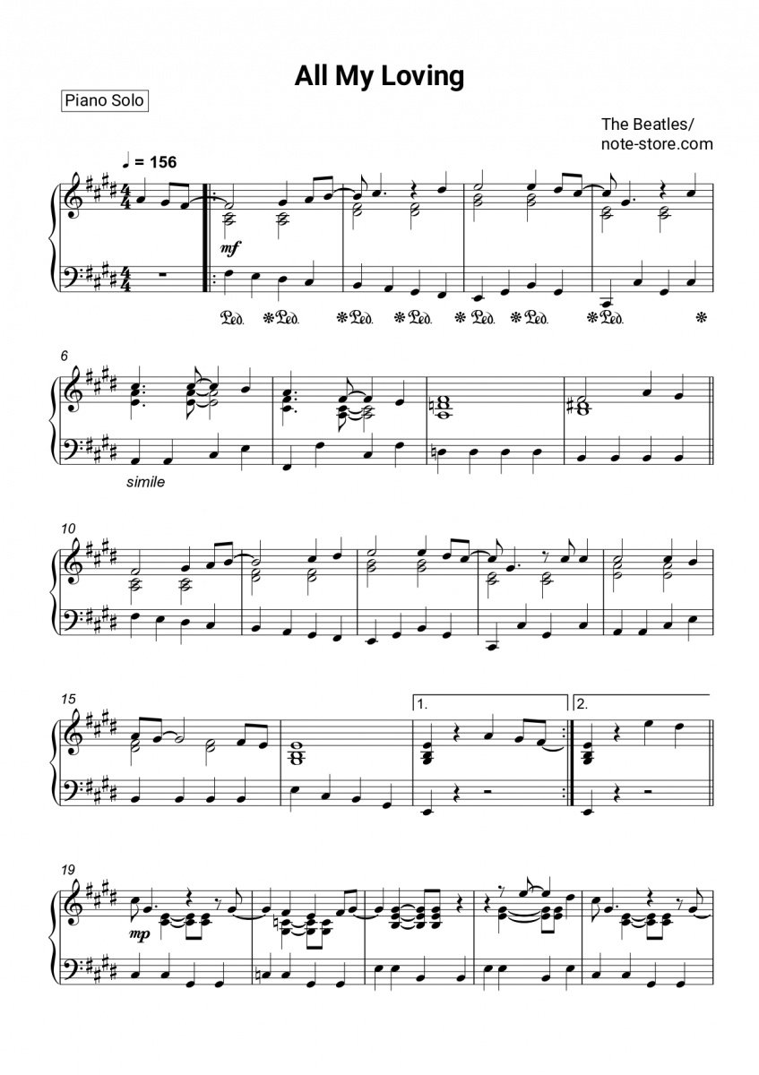 The Beatles - All my loving piano sheet music