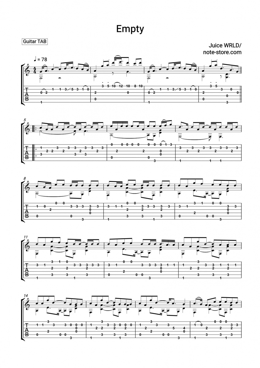 Juice Wrld Empty Chords Guitar Tabs In Note Store Guitar
