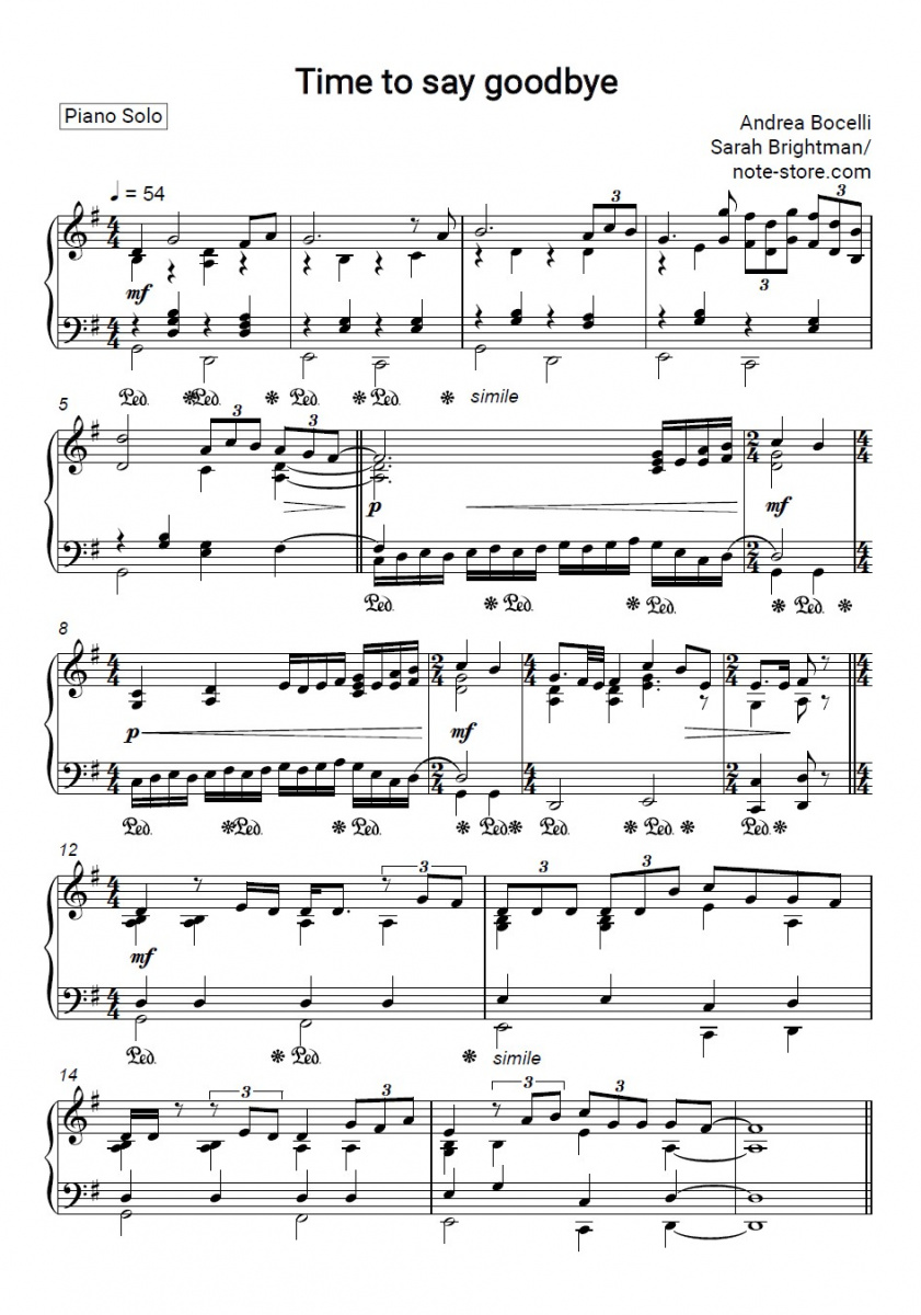 Sarah Brightman, Andrea Bocelli - Time to Say Goodbye piano sheet music