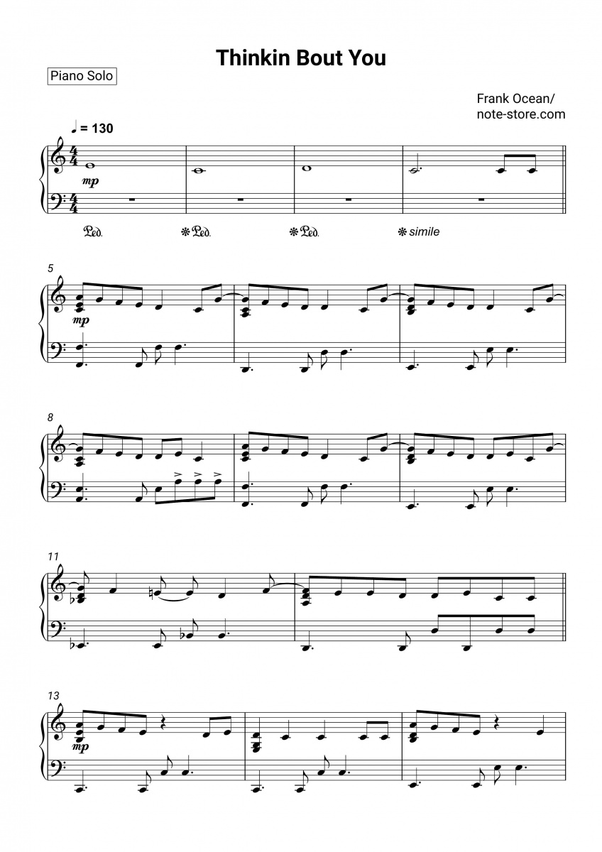 Frank Ocean Thinkin Bout You Sheet Music For Piano Download Piano Solo Sku Pso0019815 At Note Store Com