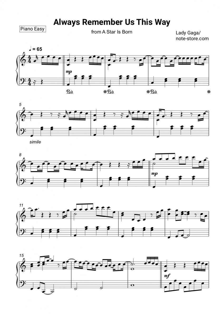 pollo Vueltas y vueltas Molestia Lady Gaga - Always Remember Us This Way sheet music for piano download |  Piano.Easy SKU PEA0003928 at