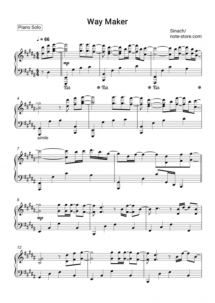 Sinach - Way Maker sheet music for piano download | Piano.Solo SKU