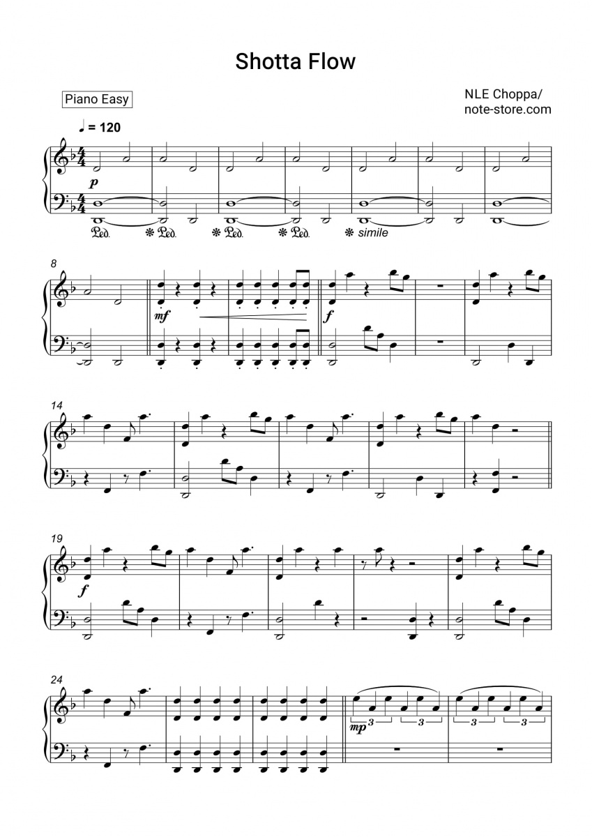 Nle Choppa Shotta Flow Sheet Music For Piano Download Piano Easy Sku Pea0011607 At Note Store Com