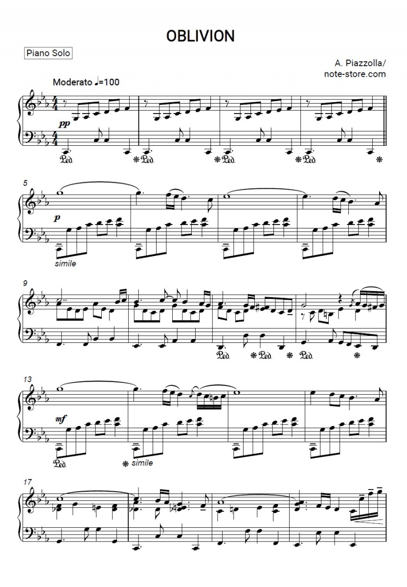 bolígrafo carbohidrato tarifa Astor Piazzolla - Oblivion sheet music for piano download | Piano.Solo SKU  PSO0010117 at