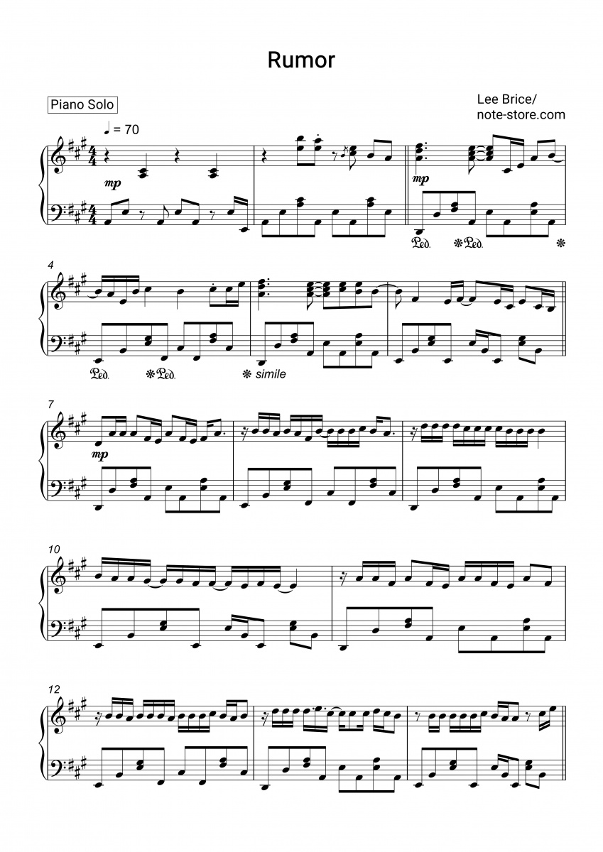 Lee Brice Rumor Sheet Music For Piano Download Piano Solo Sku Pso At Note Store Com