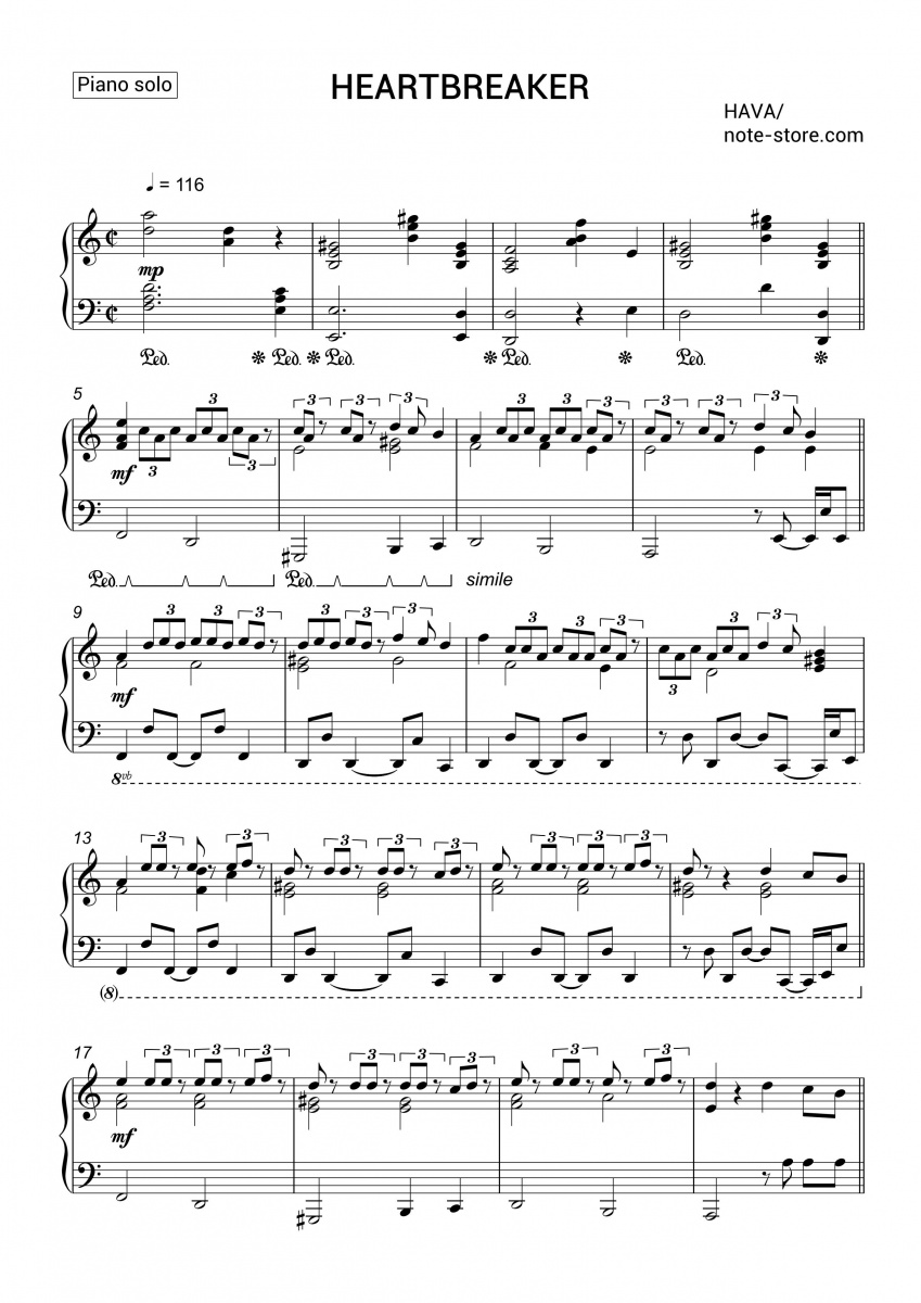 Hava - Heartbreaker piano sheet music