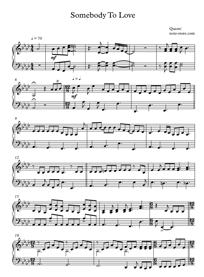 Queen - Somebody To Love sheet music for piano download | Piano.Easy