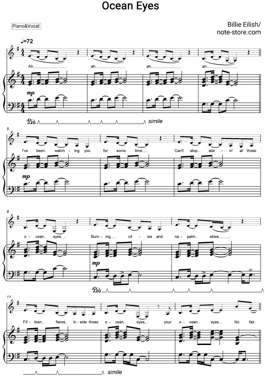 Billie Eilish Ocean eyes sheet music for piano with