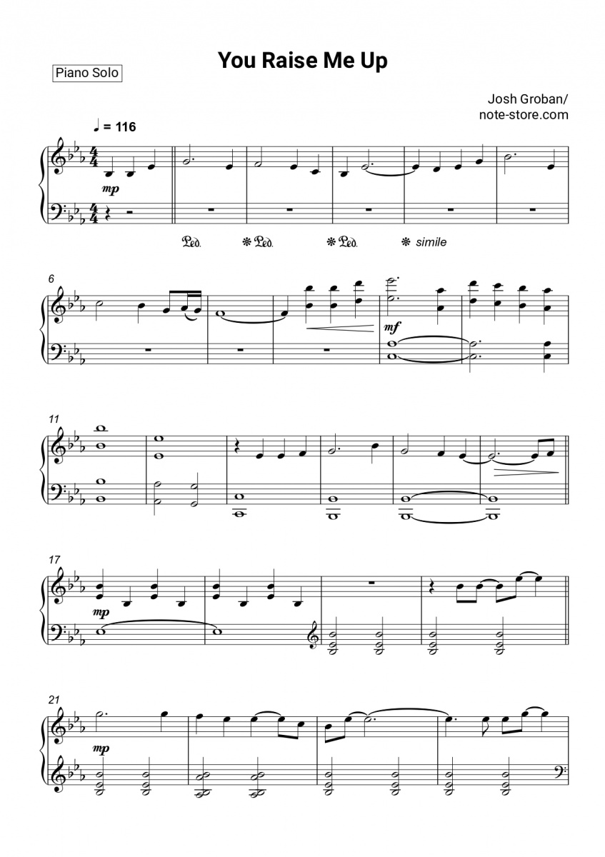 Josh Groban You Raise Me Up Sheet Music For Piano Download Piano