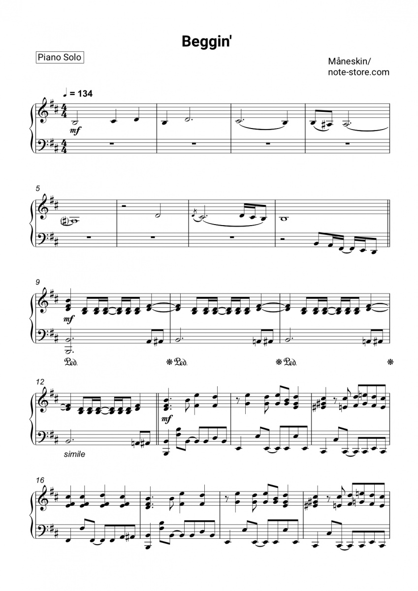 Måneskin - Beggin piano sheet music