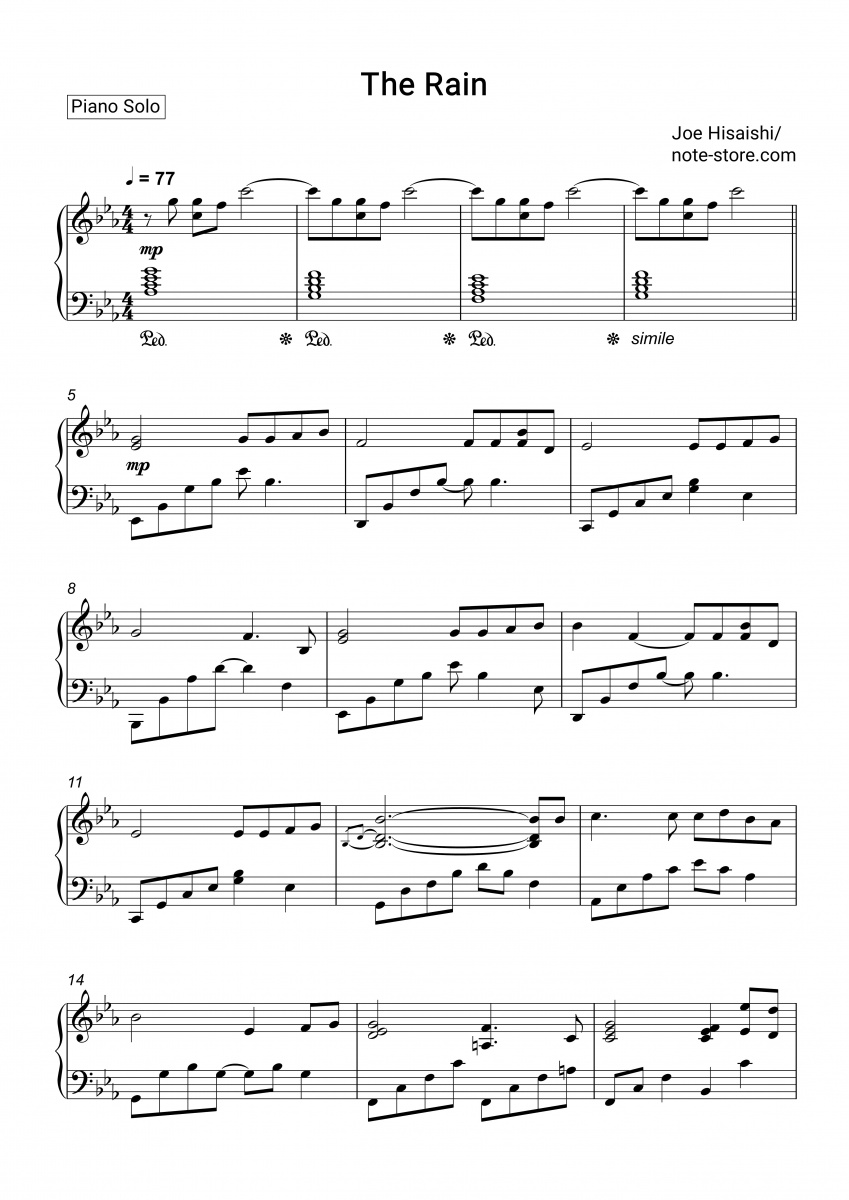 Joe Hisaishi - The Rain sheet music for piano download | Piano.Solo SKU