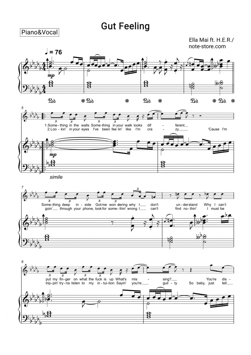 Ella Mai, H.E.R. - Gut Feeling piano sheet music