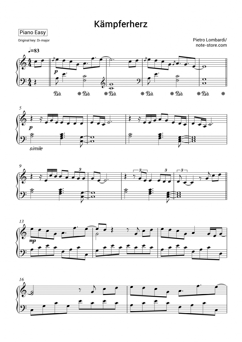 Pietro Lombardi - Kampferherz piano sheet music