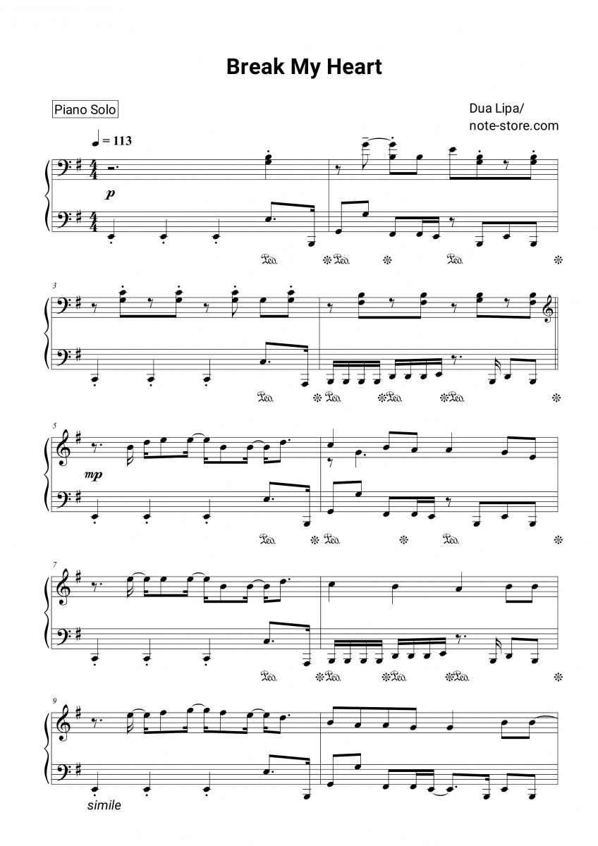 Dua Lipa - Break My Heart sheet music for piano download | Piano.Solo