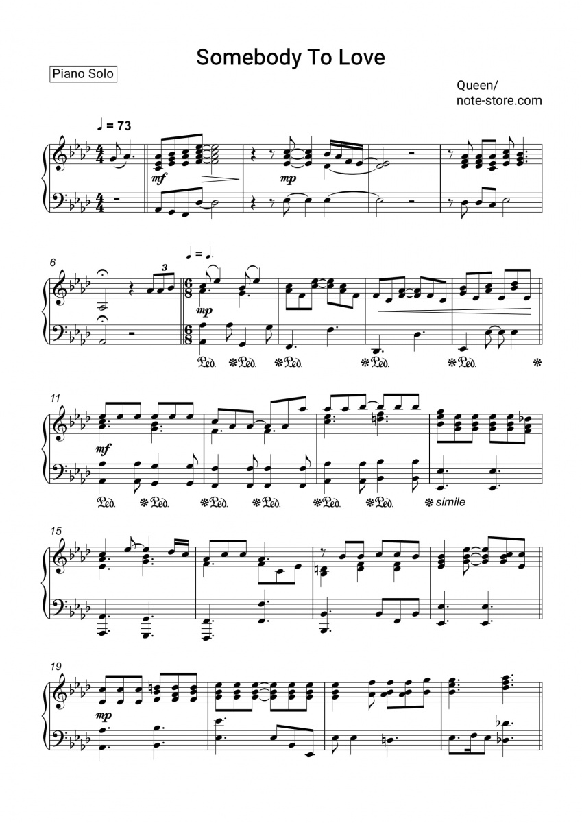 Queen - Somebody To Love piano sheet music