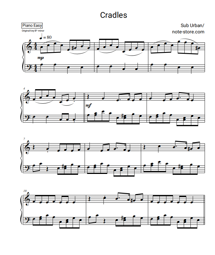 Sub Urban Cradles Sheet Music For Piano Download Piano Easy Sku Pea0013432 At Note Store Com - cradles roblox id full song