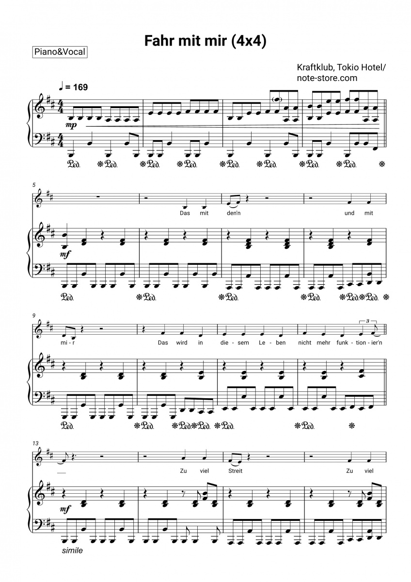 Kraftklub, Tokio Hotel - Fahr mit mir (4x4) sheet music for piano with ...
