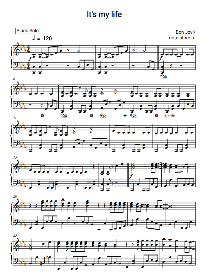 Bon Jovi - My Life sheet music for piano download | Piano.Solo SKU PSO0009541 at