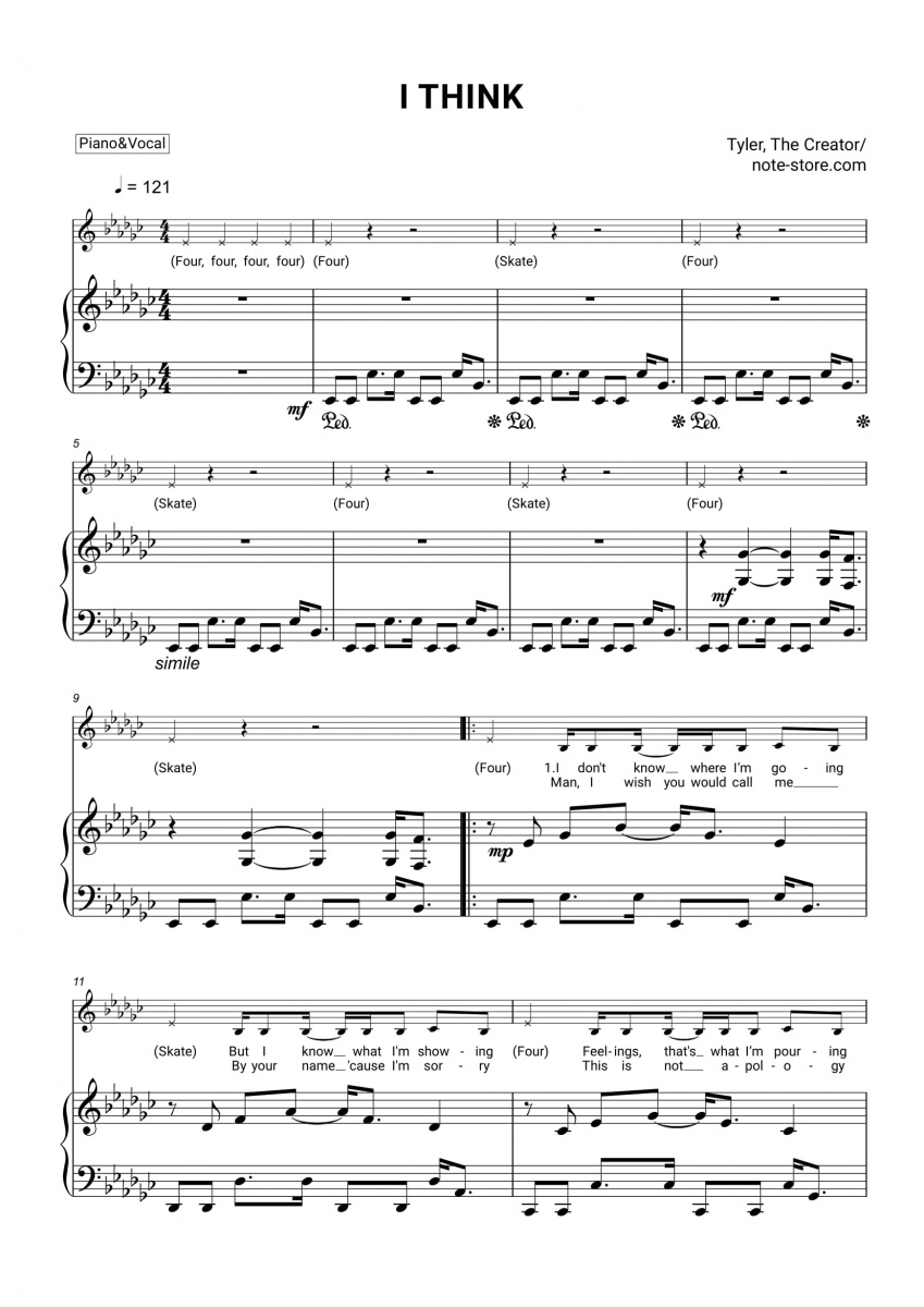 Tyler, The Creator - I THINK sheet music for piano with letters