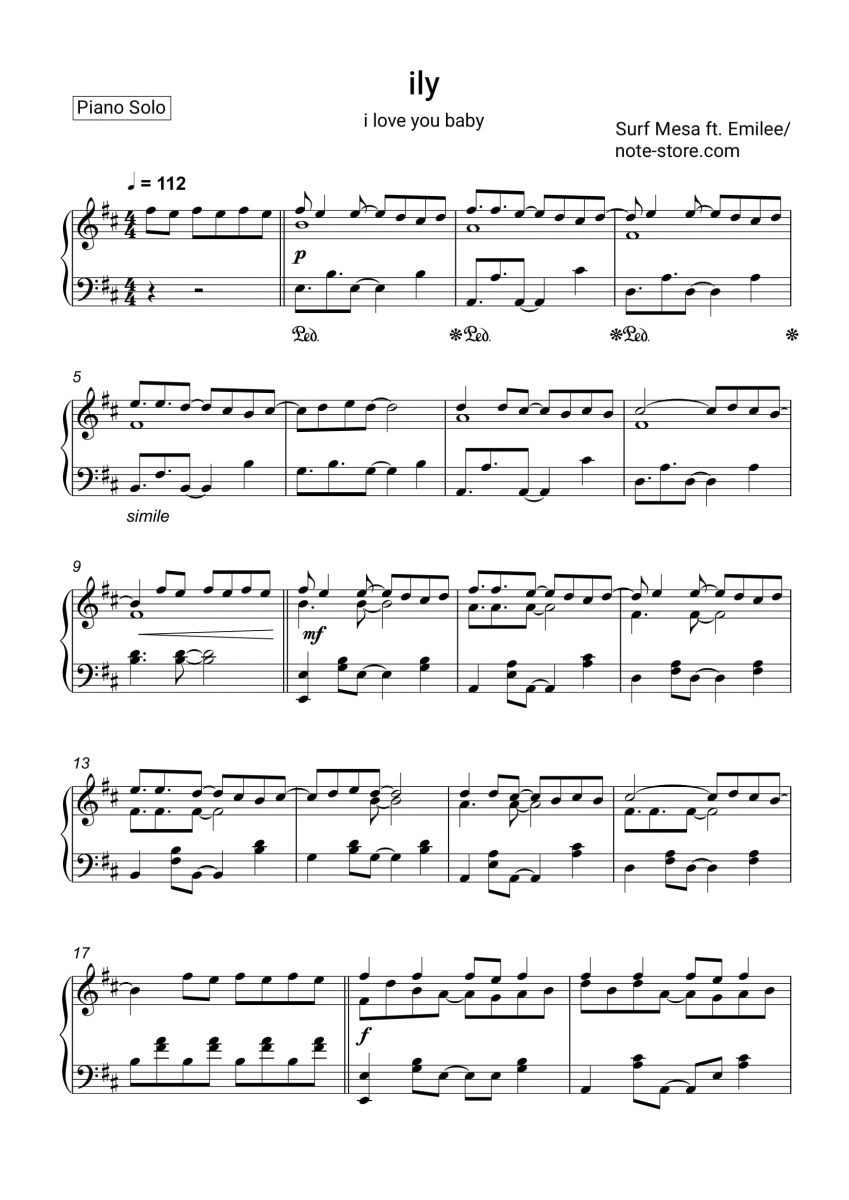 Emilee Surf Mesa Ily I Love You Baby Sheet Music For Piano Download Piano Solo Sku Pso At Note Store Com