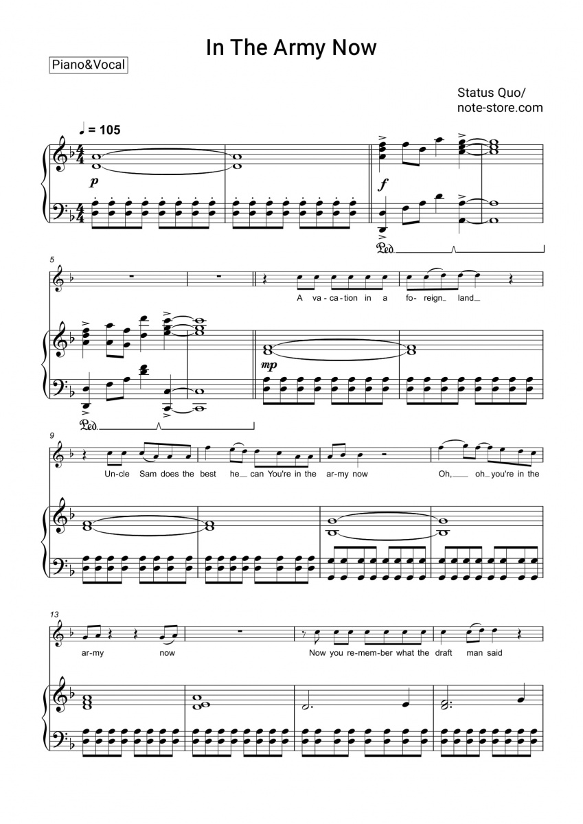 Status Quo - In The Army Now piano sheet music