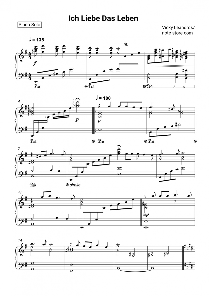 Vicky Leandros Ich liebe das Leben sheet music for piano download Piano.Solo SKU PSO0038563 at